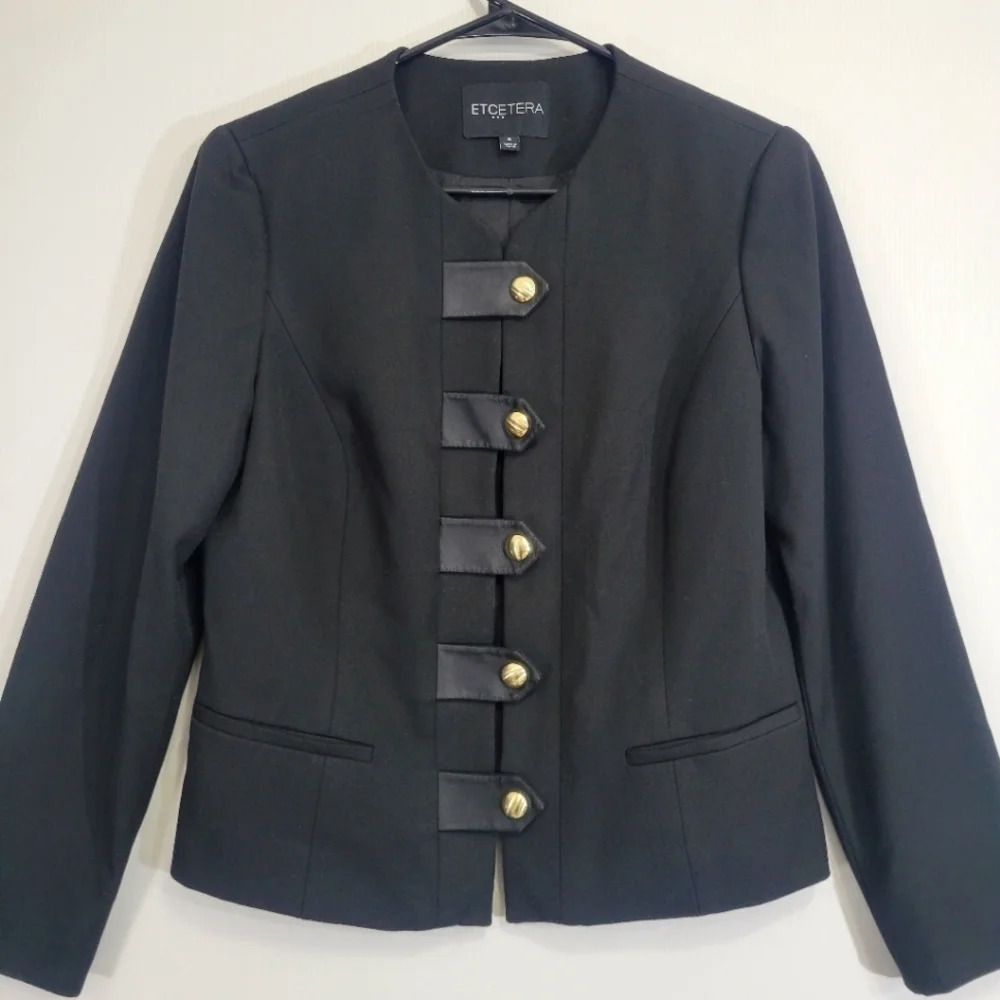 Etcetera Black Stretch Leather Strap Gold Button Jacket Blazer size‎ 8